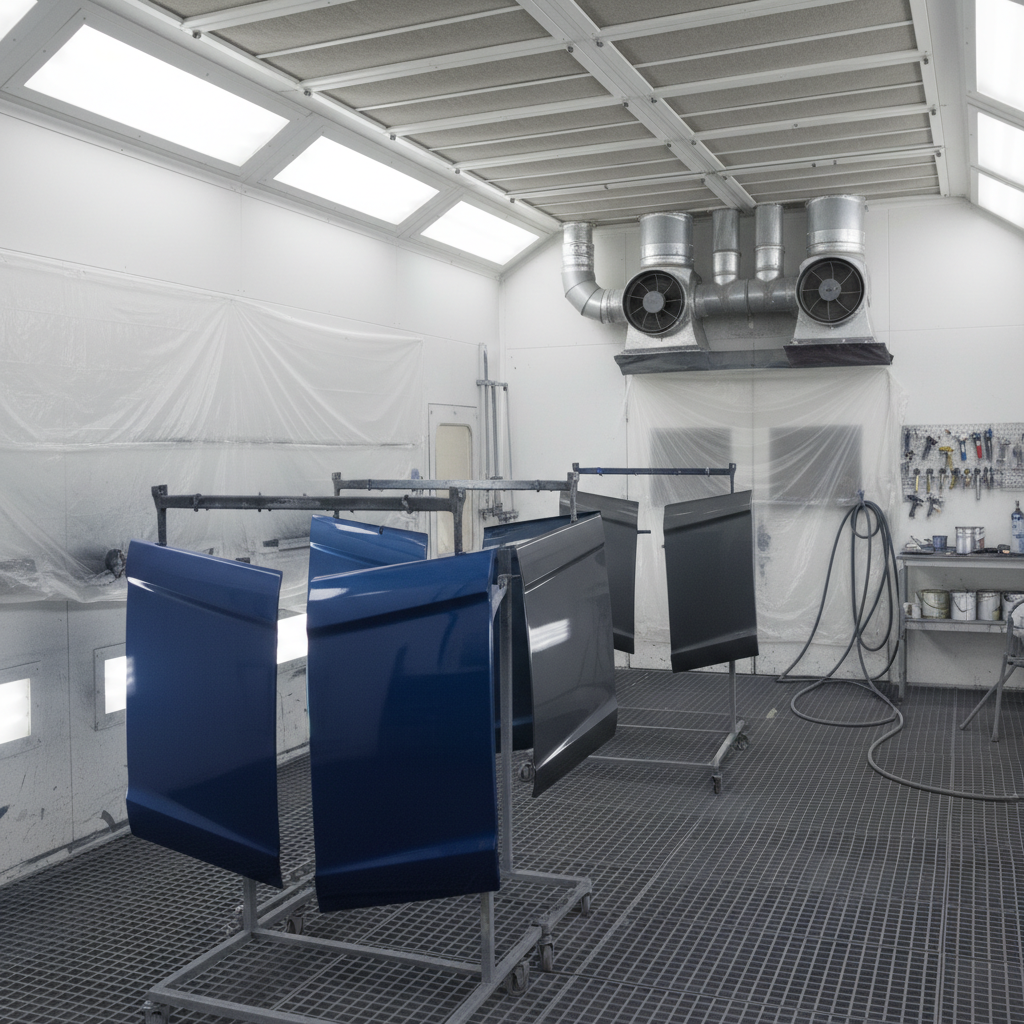 Professional spray booth with cabinet doors drying—tools and workflow for kitchen cabinet painting before and after transformations