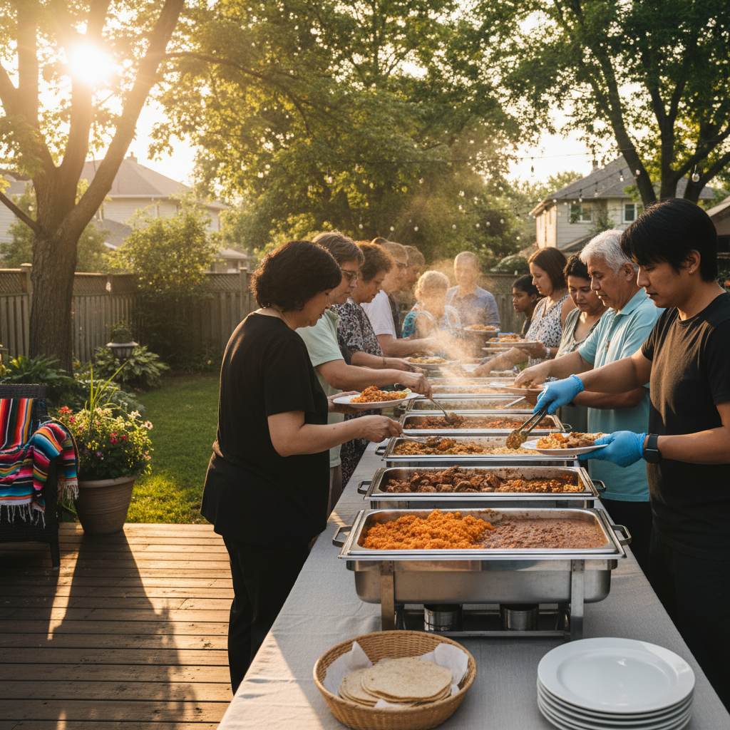 Backyard Toronto family gathering with Mexican buffet chafing dishes served by caterer