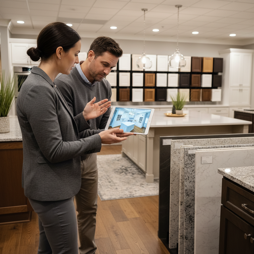 Kitchen Costs: Plan Smart and Avoid Budget Shock 2026 2 Designer reviewing 3D kitchen renderings on a tablet in a showroom with cabinet door samples and quartz slabs, demonstrating tools and resources for accurate kitchen renovation estimates