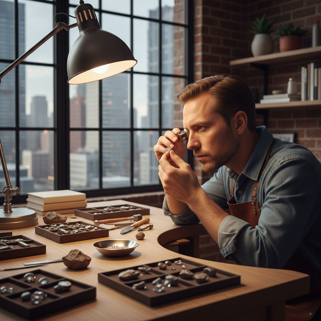 Jeweler inspecting a loose round brilliant diamond with a loupe at a Manhattan workbench