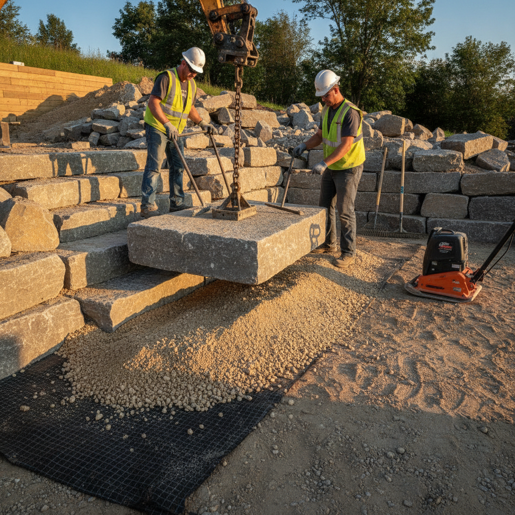 Armor stone installation process in progress with compacted base, geotextile, and granular layers for a front yard step in Mississauga
