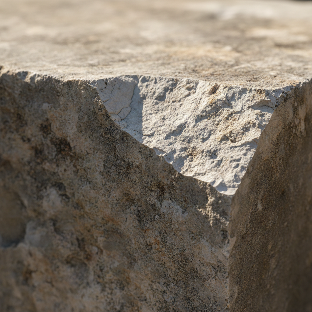 Close-up texture of armor stone (armour stone) showing rough-faced limestone surface for front yard landscaping