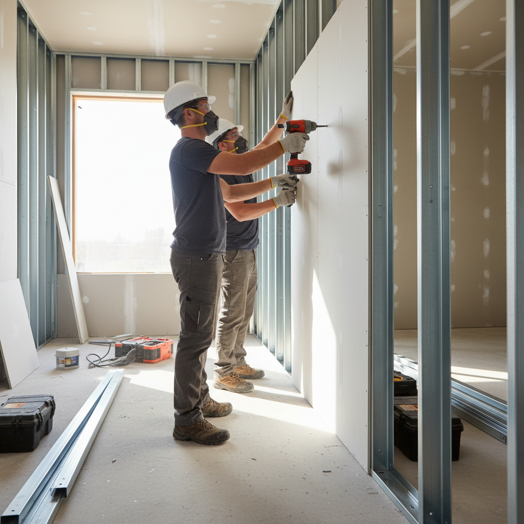 Installers fastening drywall to galvanized metal studs with a screw gun on a clean jobsite