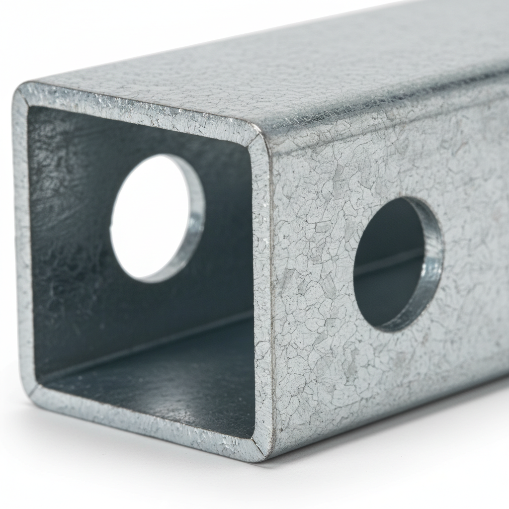 Close-up of galvanized steel stud showing zinc coating and service hole details for metal framing