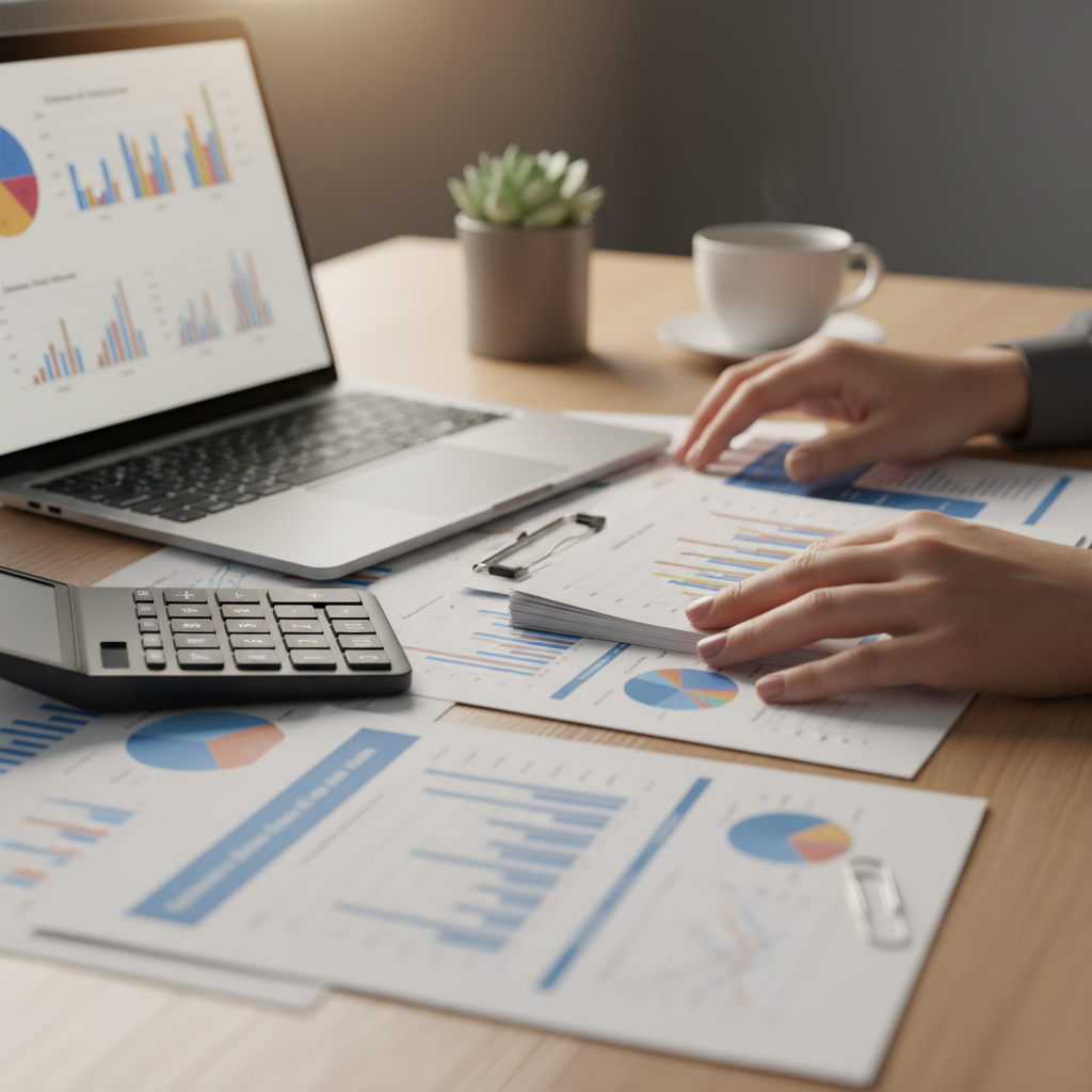 Close-up of hands organizing tax documents, calculator, and laptop for audit-ready records with a registered tax agent