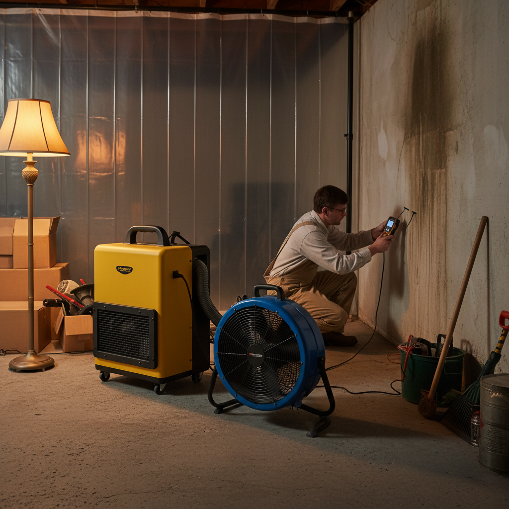Basement drying setup with commercial dehumidifier and air mover during mold cleanup and water damage restoration