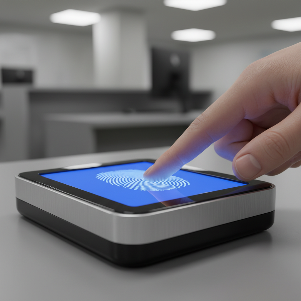 Biometric fingerprint scan for Canada work permit application at visa center, close-up detail