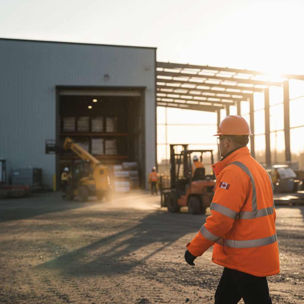 Skilled worker in high-visibility jacket with Canadian flag patch starting a warehouse shift at sunrise in Canada