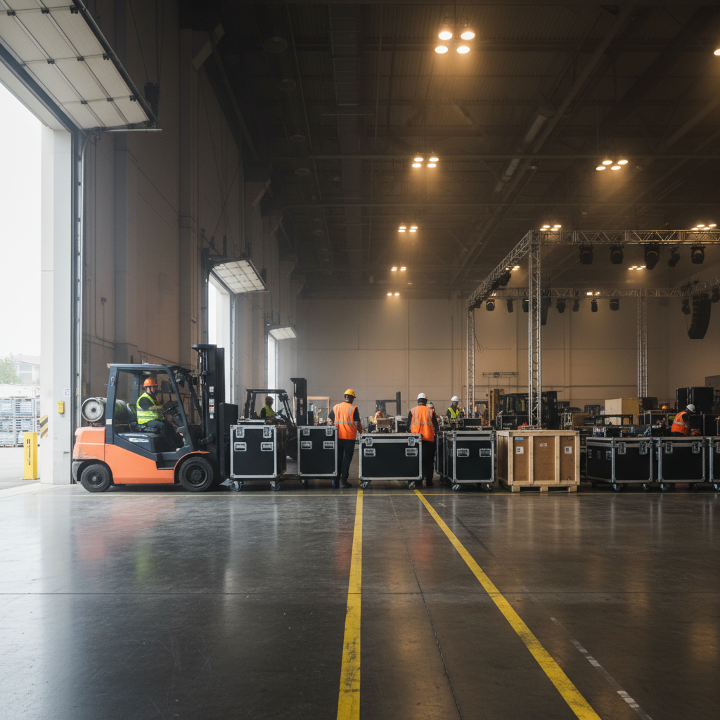 Side-angle scene of exhibition load-in inside a large hall with forklifts and road cases, illustrating logistics for exhibition hall rental in Mississauga
