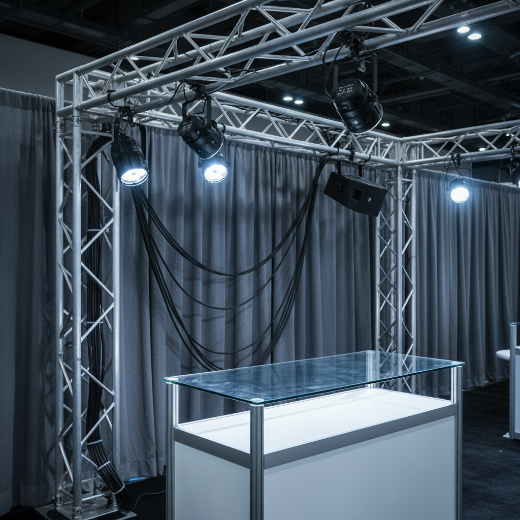 Close-up of exhibition booth truss lighting, speakers, and pipe-and-drape showing technical detail for exhibition hall rental at a GTA venue