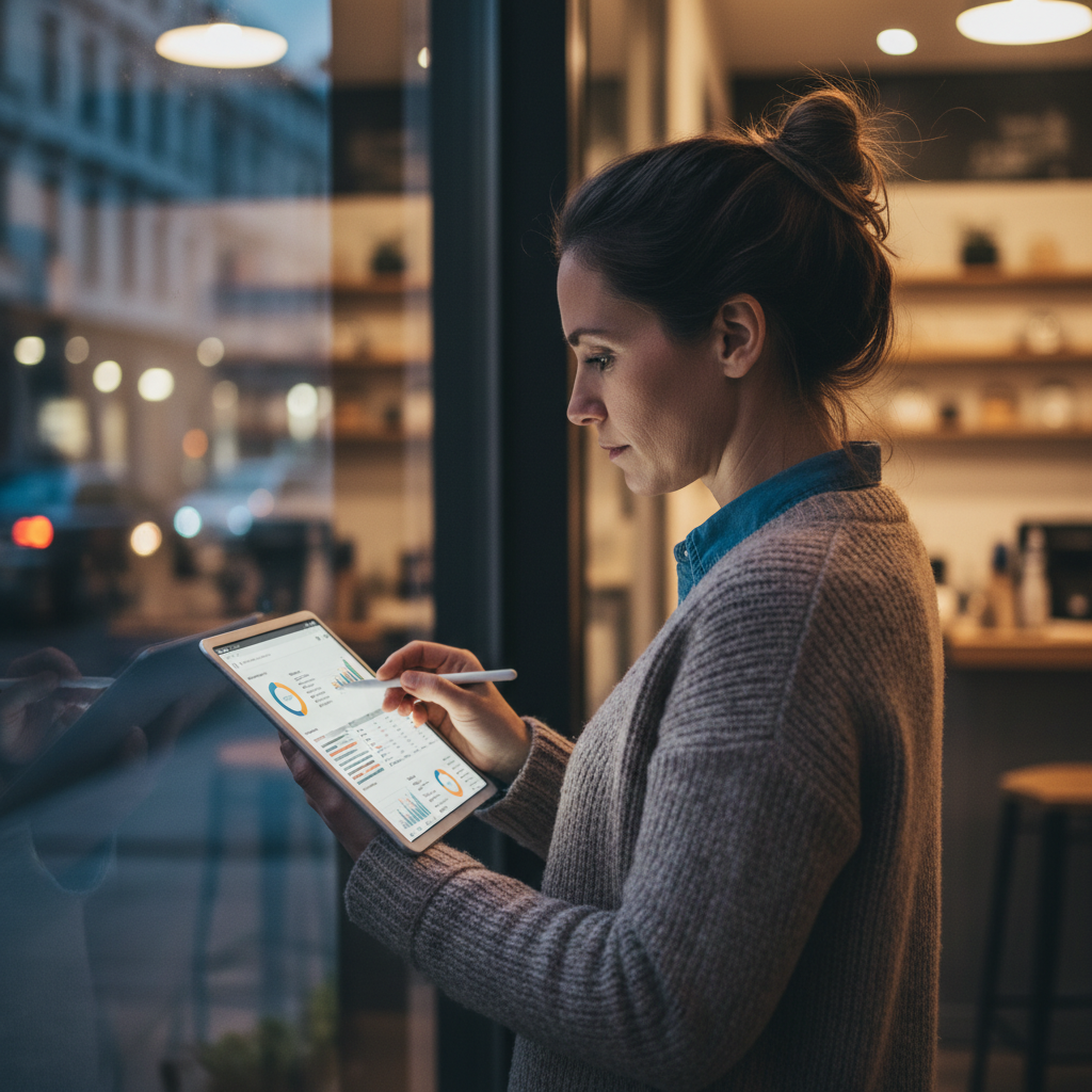 Small business owner reviewing SEO performance metrics on a tablet near a storefront, illustrating local Google SEO execution