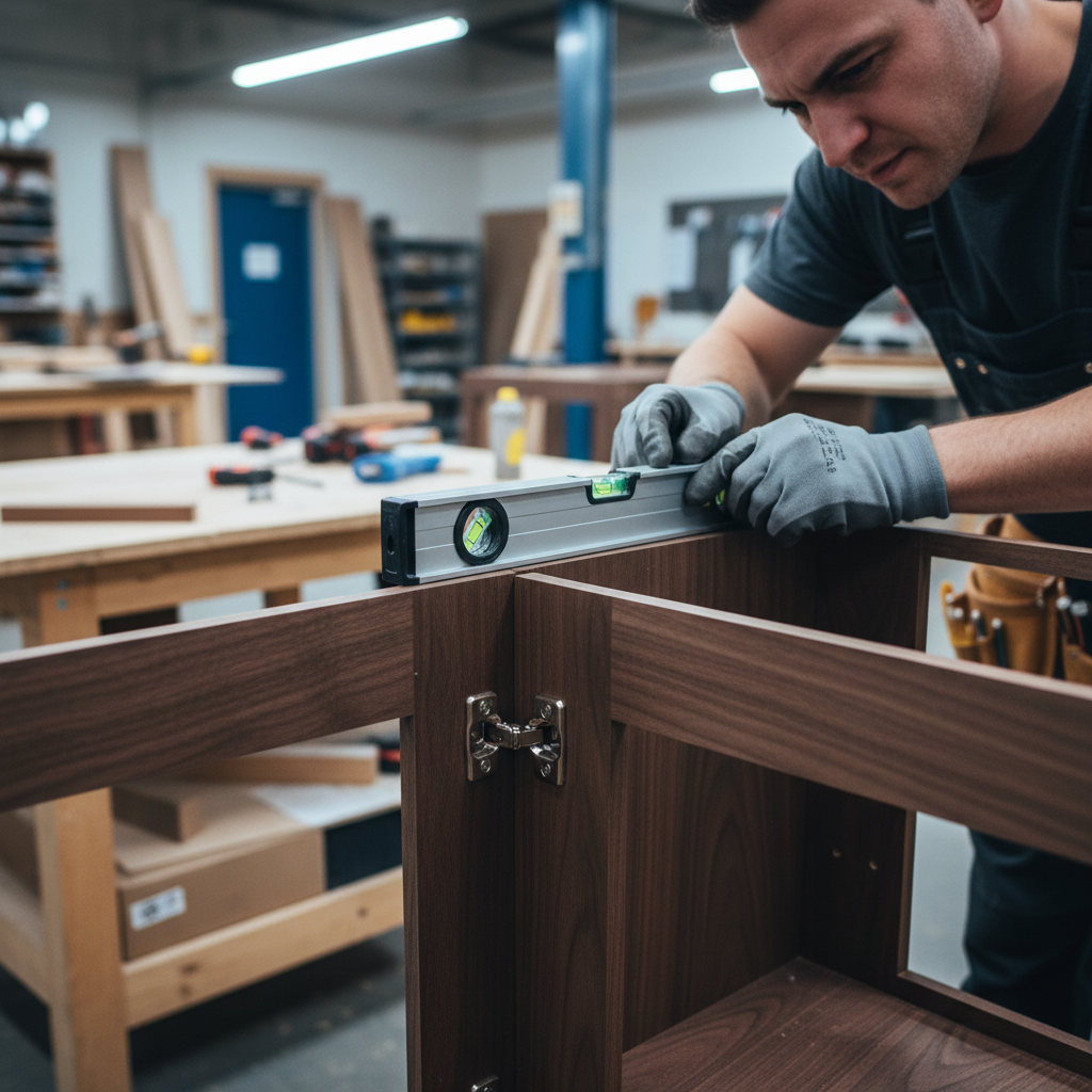 Close-up millwork installation during a commercial tenant build-out, showing precise cabinetry alignment and finish carpentry details in the GTA