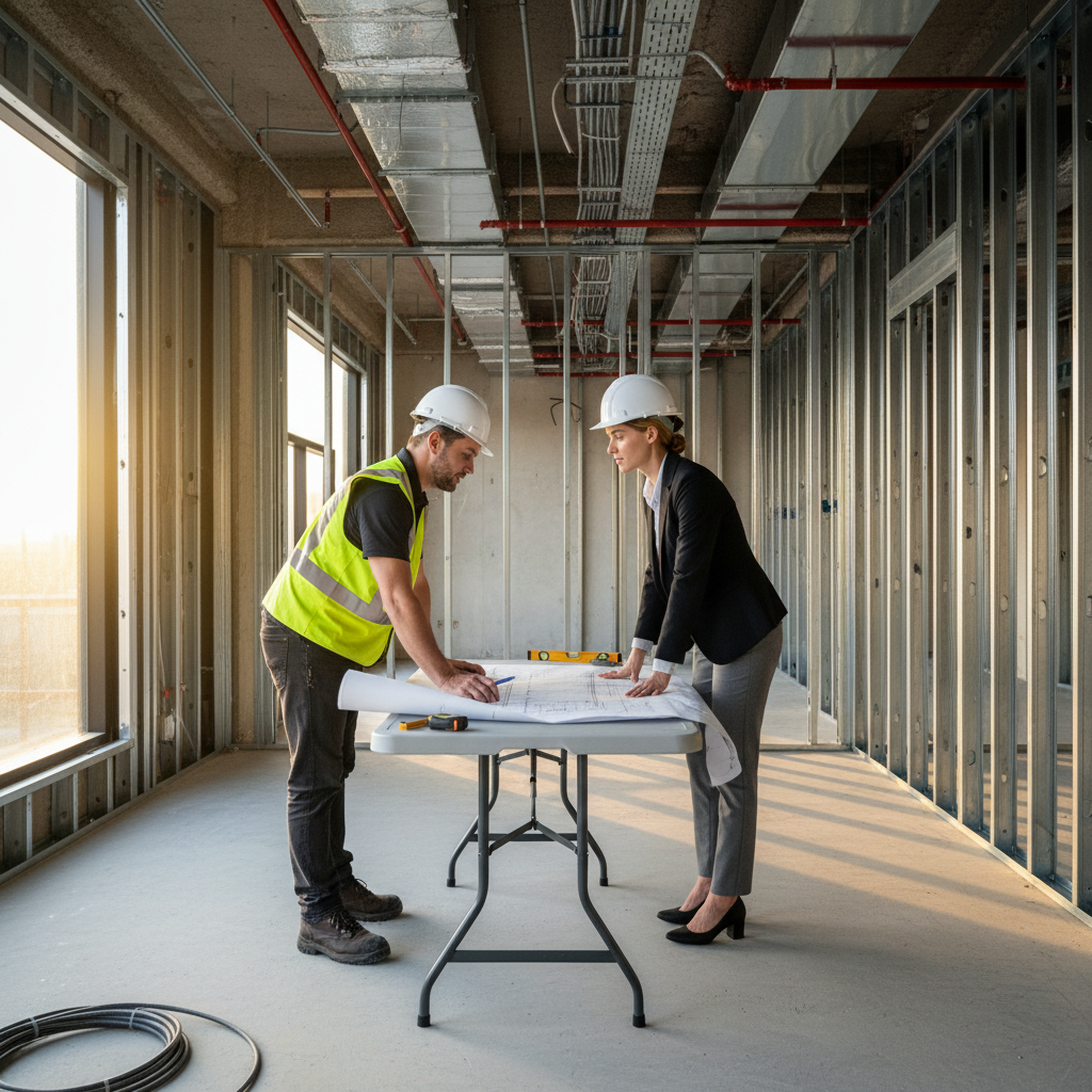 Contractor and client reviewing build-out drawings in an unfinished GTA office space with steel studs and ductwork visible