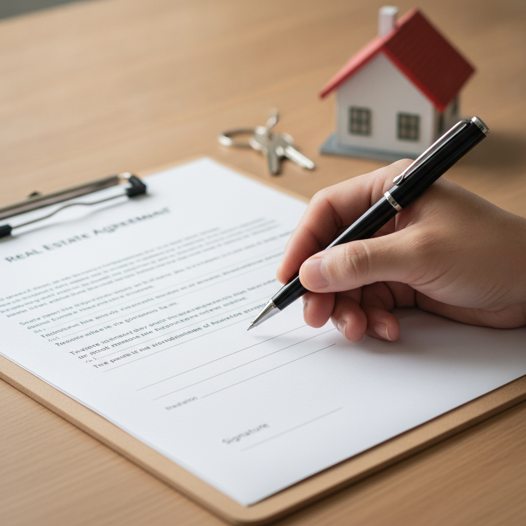 Close-up of signing a buyer rep agreement with house keys on desk, illustrating buyer representation steps for GTA real estate
