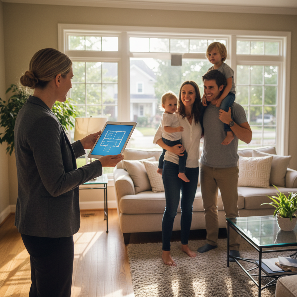 Realtor guiding a family through a bright living room while reviewing a floor plan on tablet, illustrating local GTA home tours