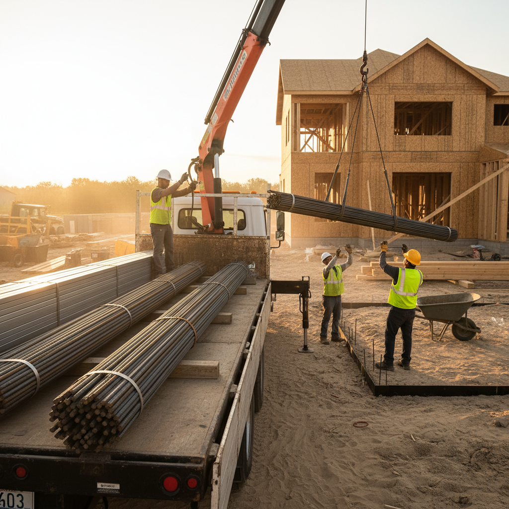 Flatbed truck delivering bundled rebar for home construction with crew guiding a crane lift at a residential jobsite