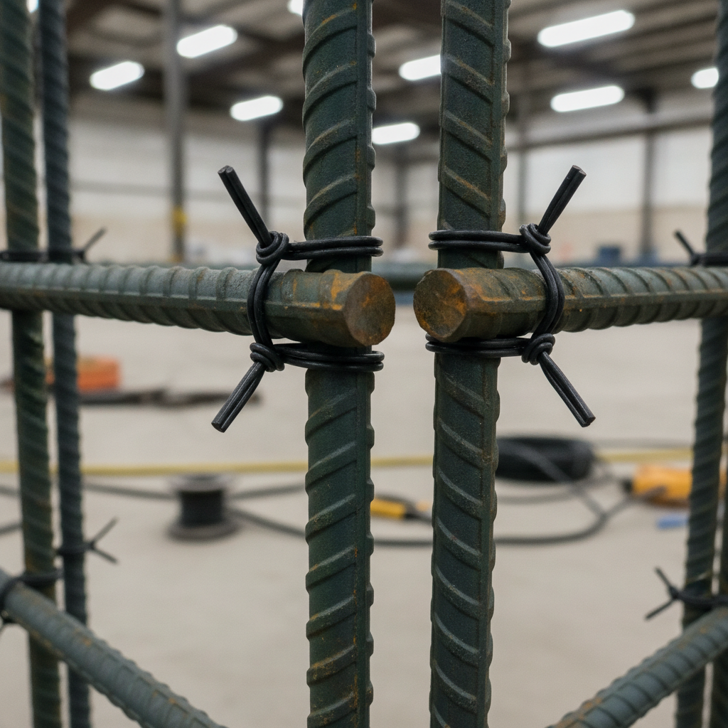 Epoxy coated reinforcing steel close-up: residential slab rebar cage with precise tie wire connections for home construction