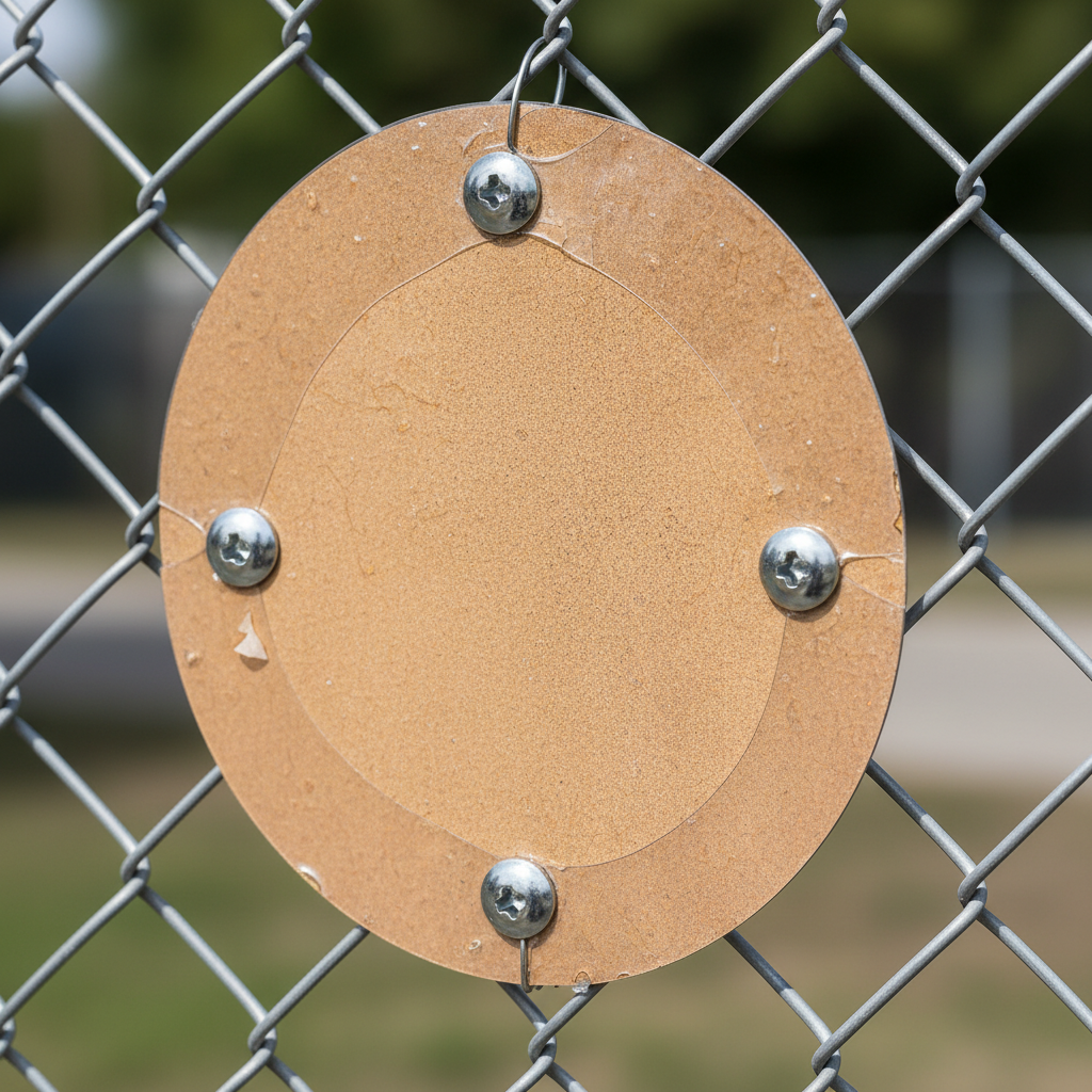 Detail of a durable, weatherable prohibited area sign panel mounted to a fence with tamper-resistant hardware