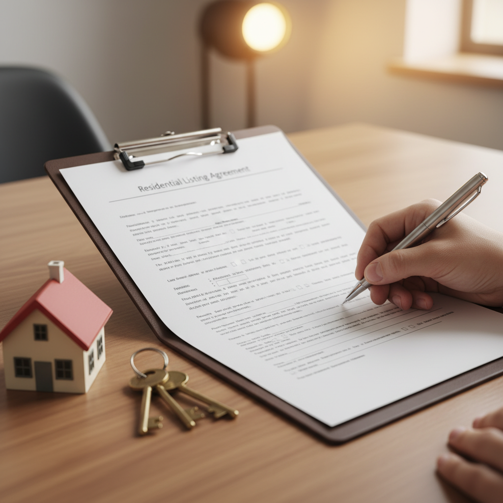 Close-up of a homeowner signing a Seller Representation Agreement in Ontario, with house keys and a model home – Ontario seller representation process detail