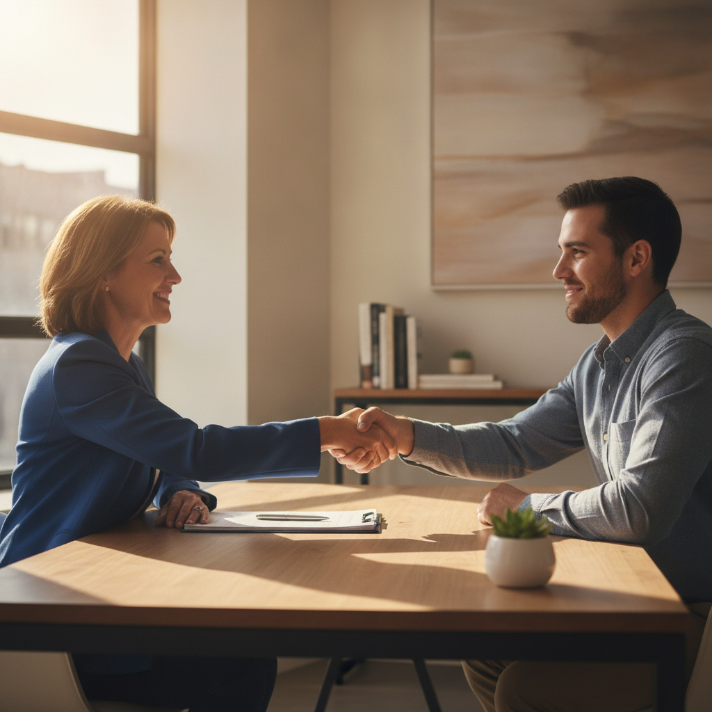 Mortgage broker and homeowner handshake in a bright office, symbolizing a smooth refinance process and lower refinance costs