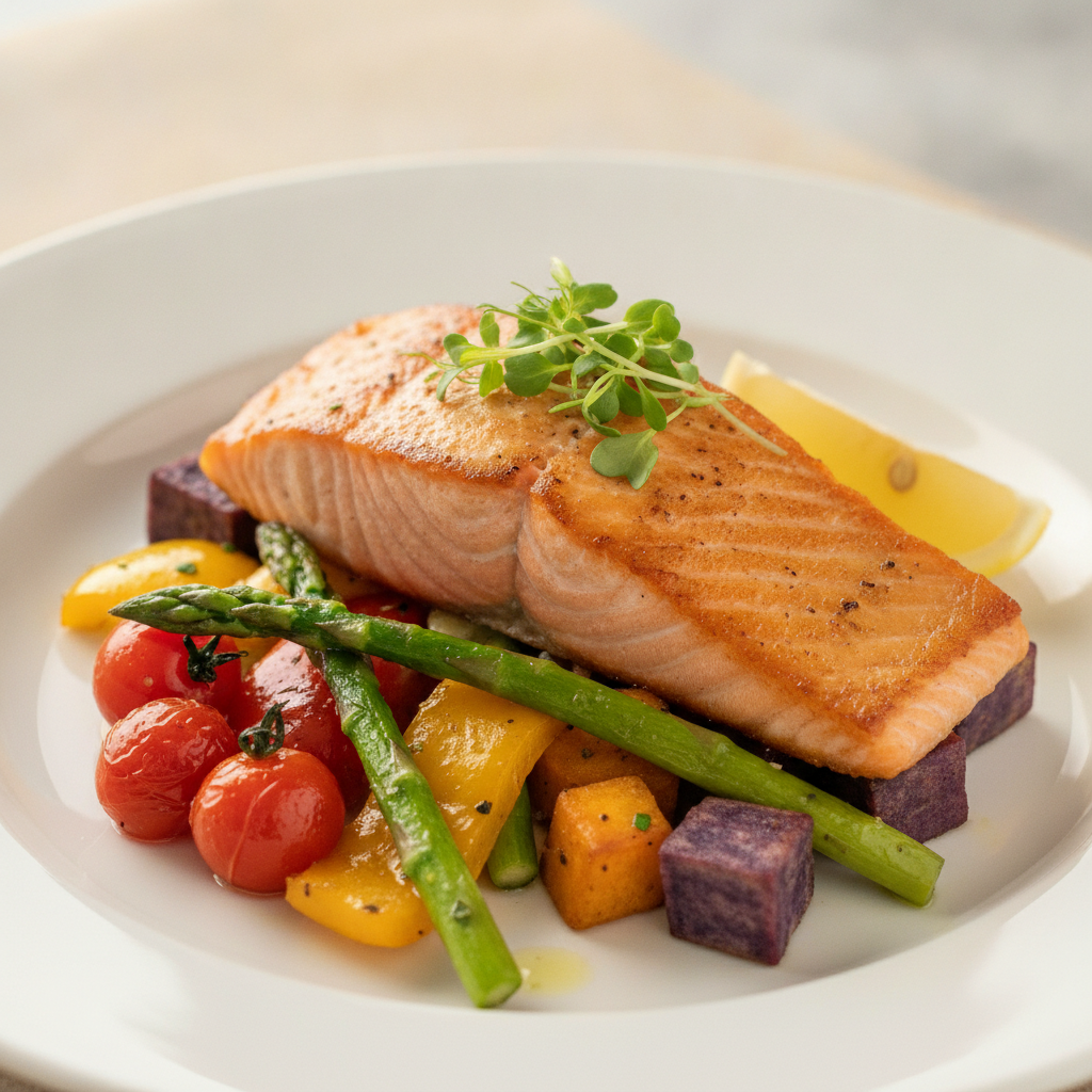 Plated wedding entrée close-up with salmon and vegetables for wedding catering in Toronto