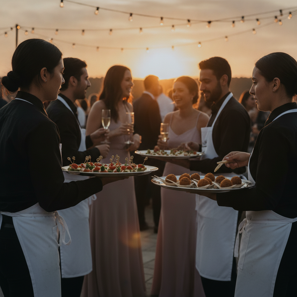 Caterers passing appetizers at an outdoor wedding reception with string lights in Toronto