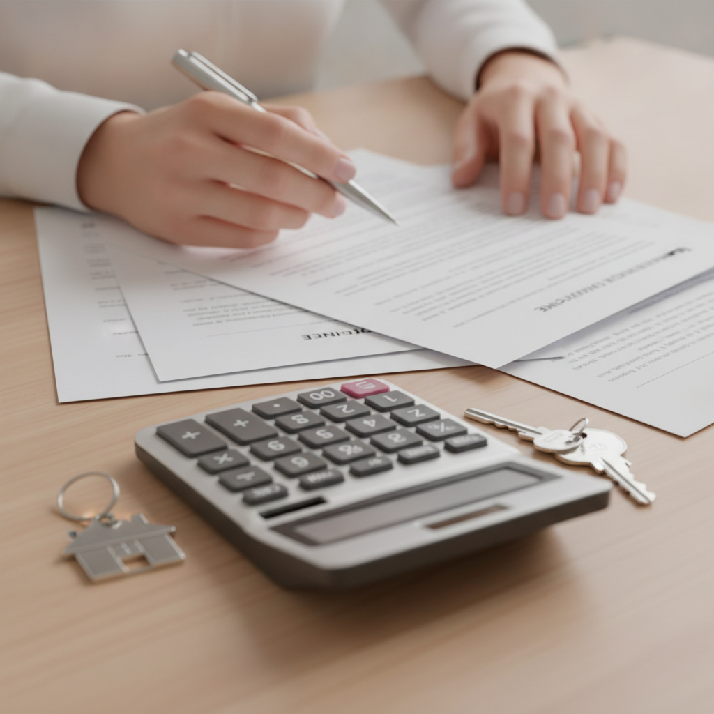 Close-up of hands organizing mortgage refinance documents, showing the practical steps involved in the cost to refinance a home loan