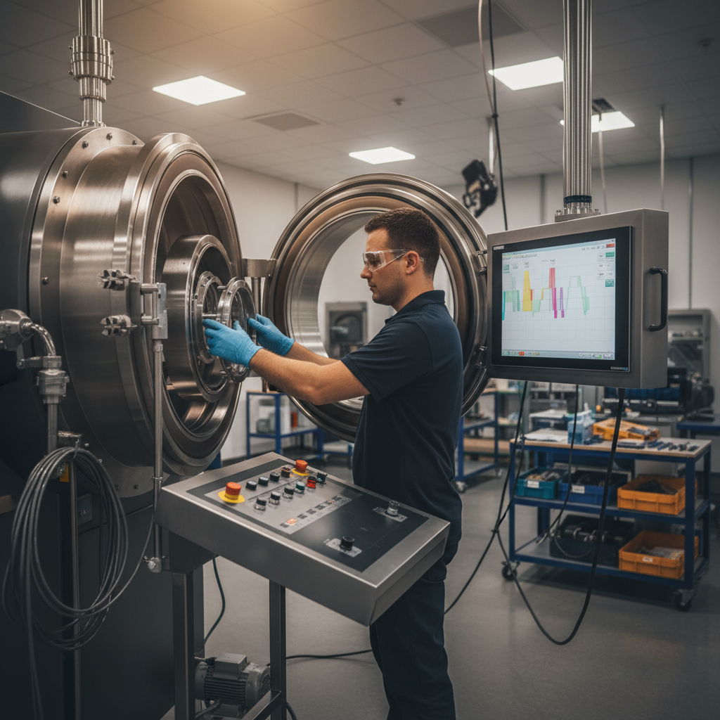 Technician loading fixtures into a PVD coating system at an industrial facility, demonstrating safe operation and process control