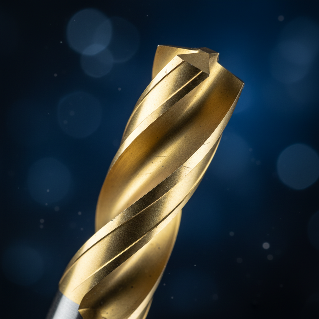 Macro detail of TiN PVD coating on carbide end mill showing golden finish and sharp edge retention for wear resistance