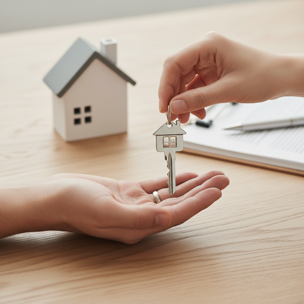 Close-up of keys exchanged over documents, illustrating buyer and seller market tips in Brampton real estate