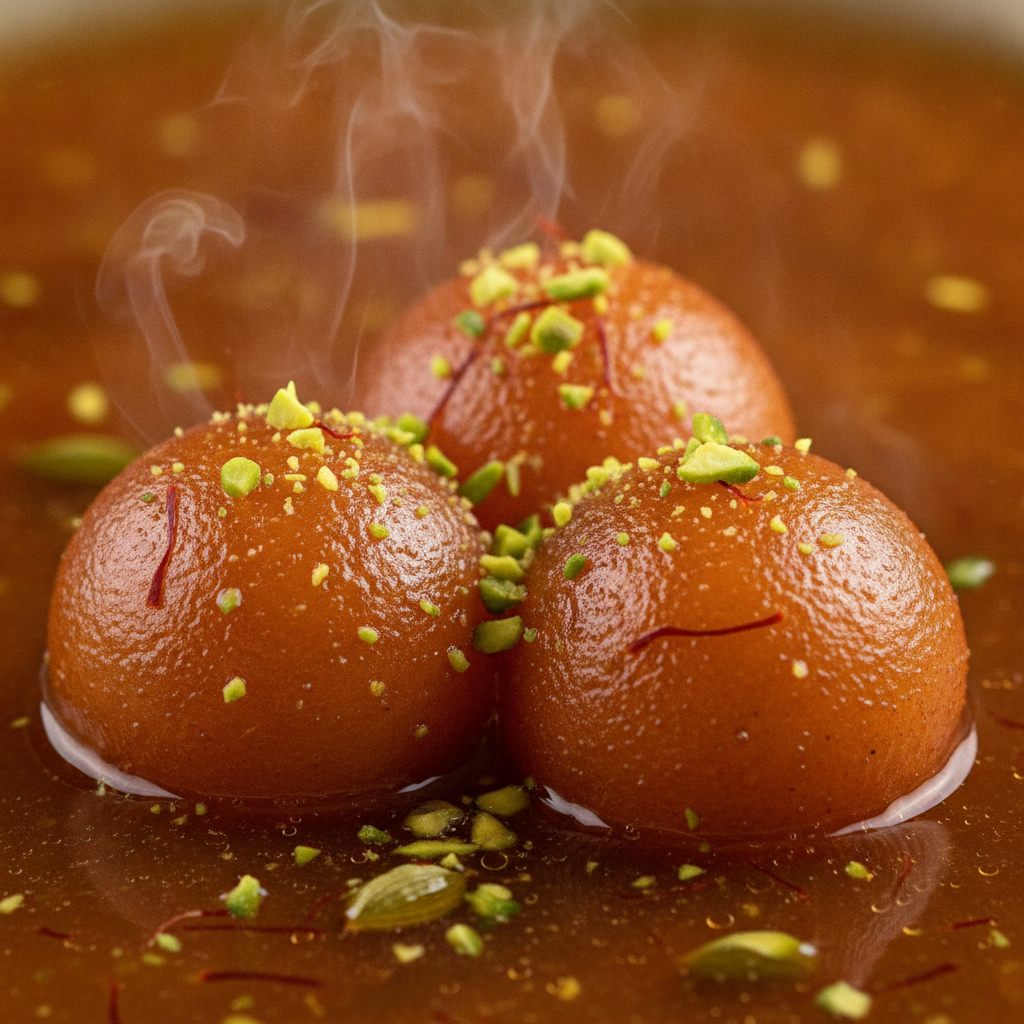 Close-up of gulab jamun in saffron-cardamom syrup from The Mithai Maharaja in Brampton, a classic Indian dessert
