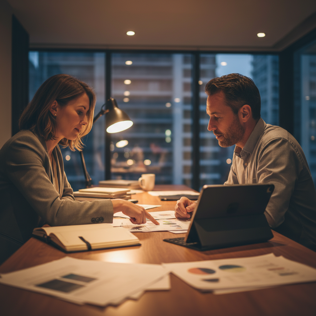 Toronto small business owner reviewing incorporation documents and licenses with an advisor