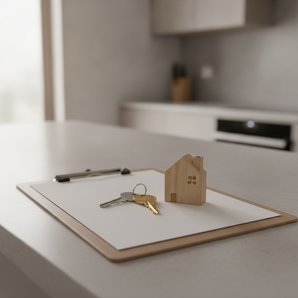 Close-up of house keys and a small wooden house on a clipboard, symbolizing the steps to buying a home in Surrey with MLS search and due diligence