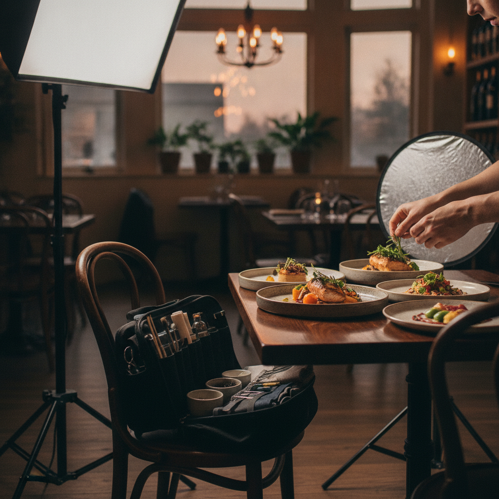 Behind-the-scenes menu photography scene with softbox lighting, reflectors, and hands styling herbs on plated dishes