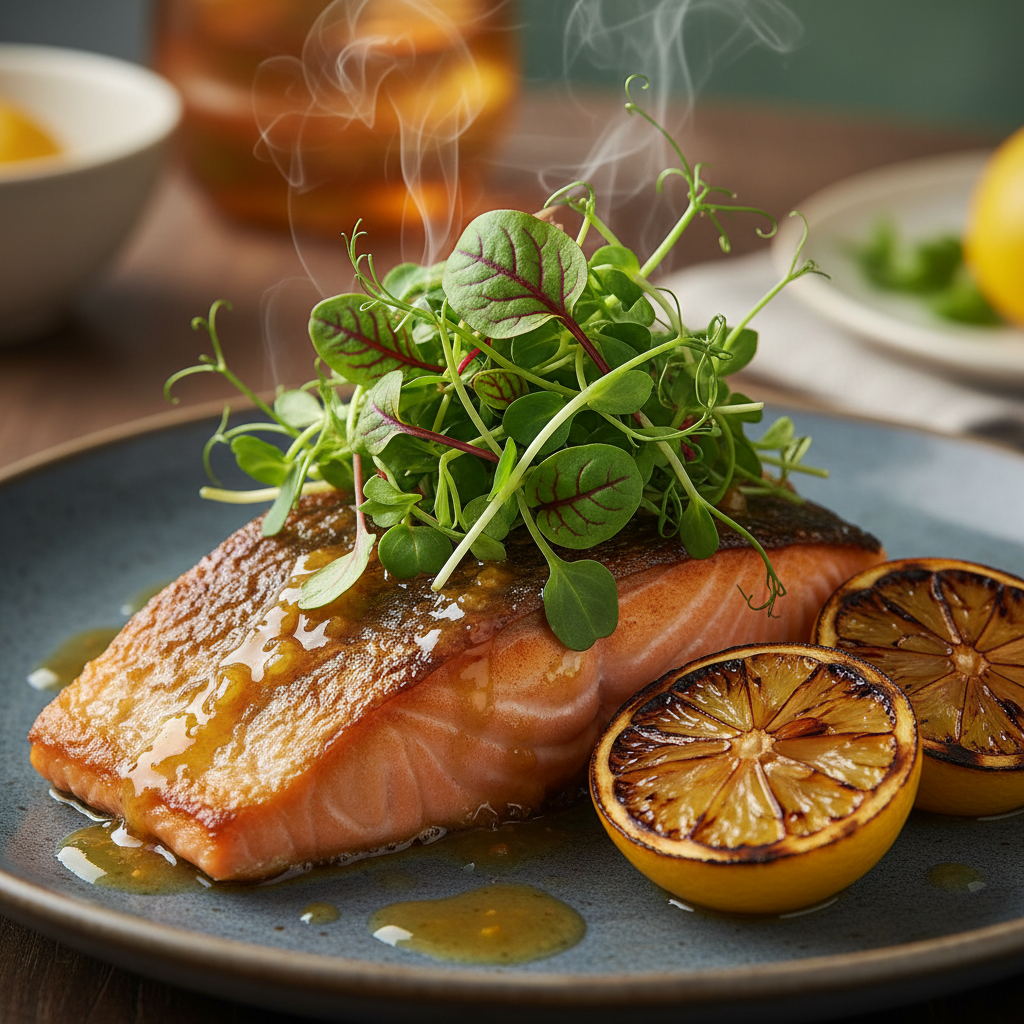 Close-up menu photography of seared salmon with citrus glaze and microgreens, showcasing texture, color, and appetizing detail