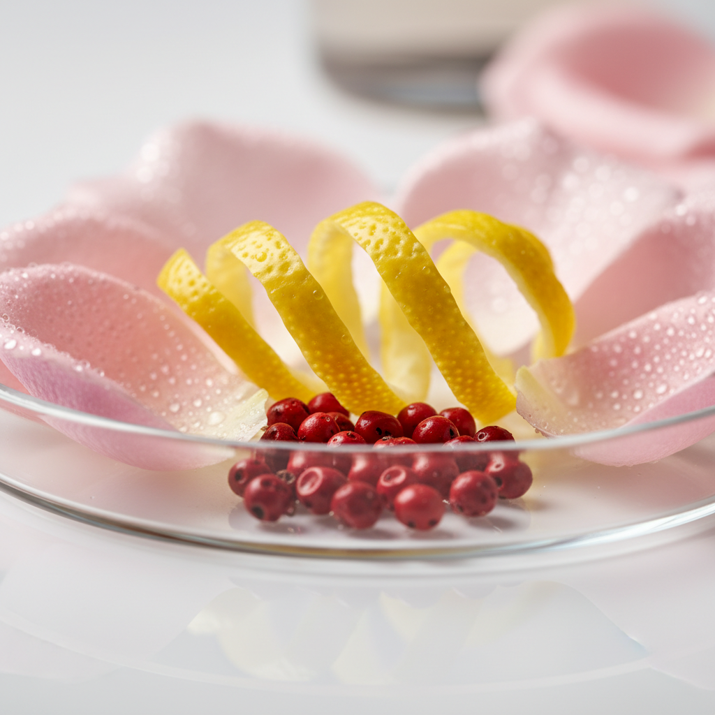 Close-up macro of citrus zest, pink pepper, and rose petals illustrating perfume top and heart scent notes