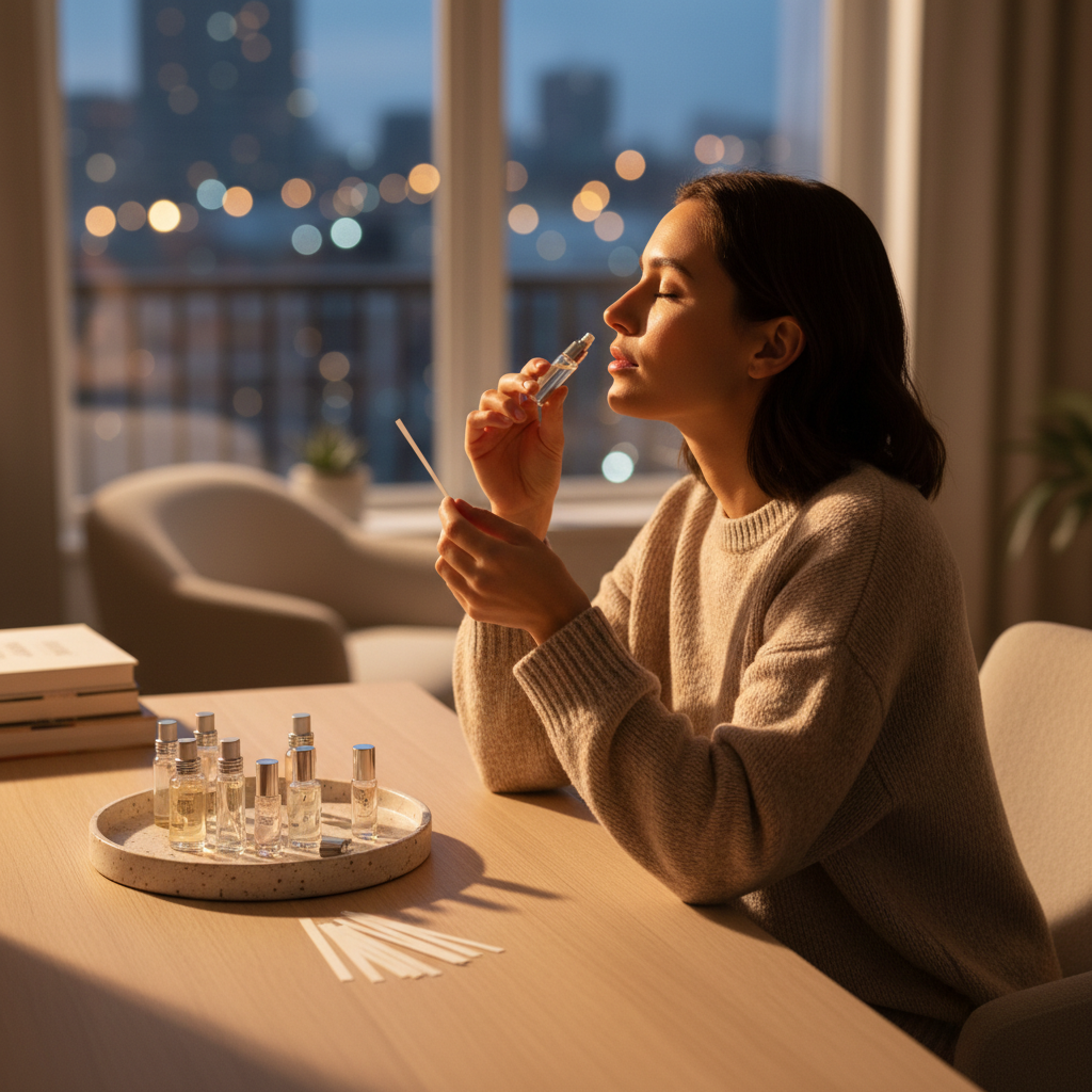 Home testing scene with perfume sample vials and smelling strips for comparing scent notes across top, heart, and base