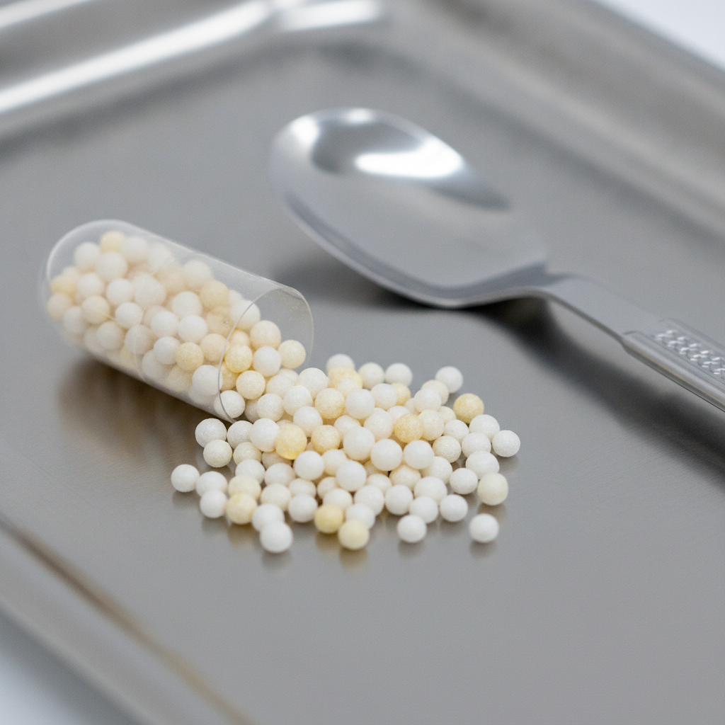 Close-up of extended-release medication pellets illustrating how the Kadian program uses slow-release oral morphine for steady symptom control