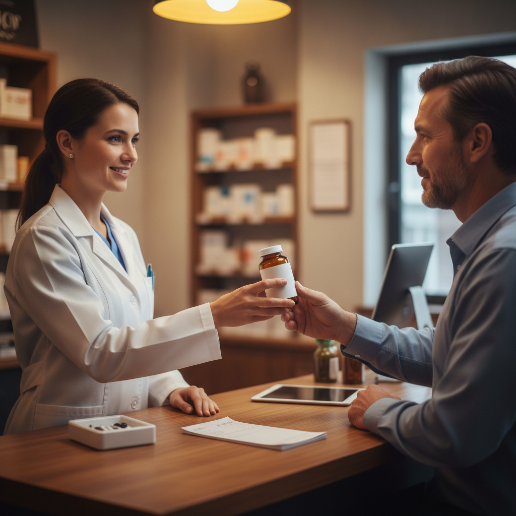 Pharmacist handing an unbranded medication bottle to a patient, reflecting the Kadian programs supervised pharmacy partnership in Ontario