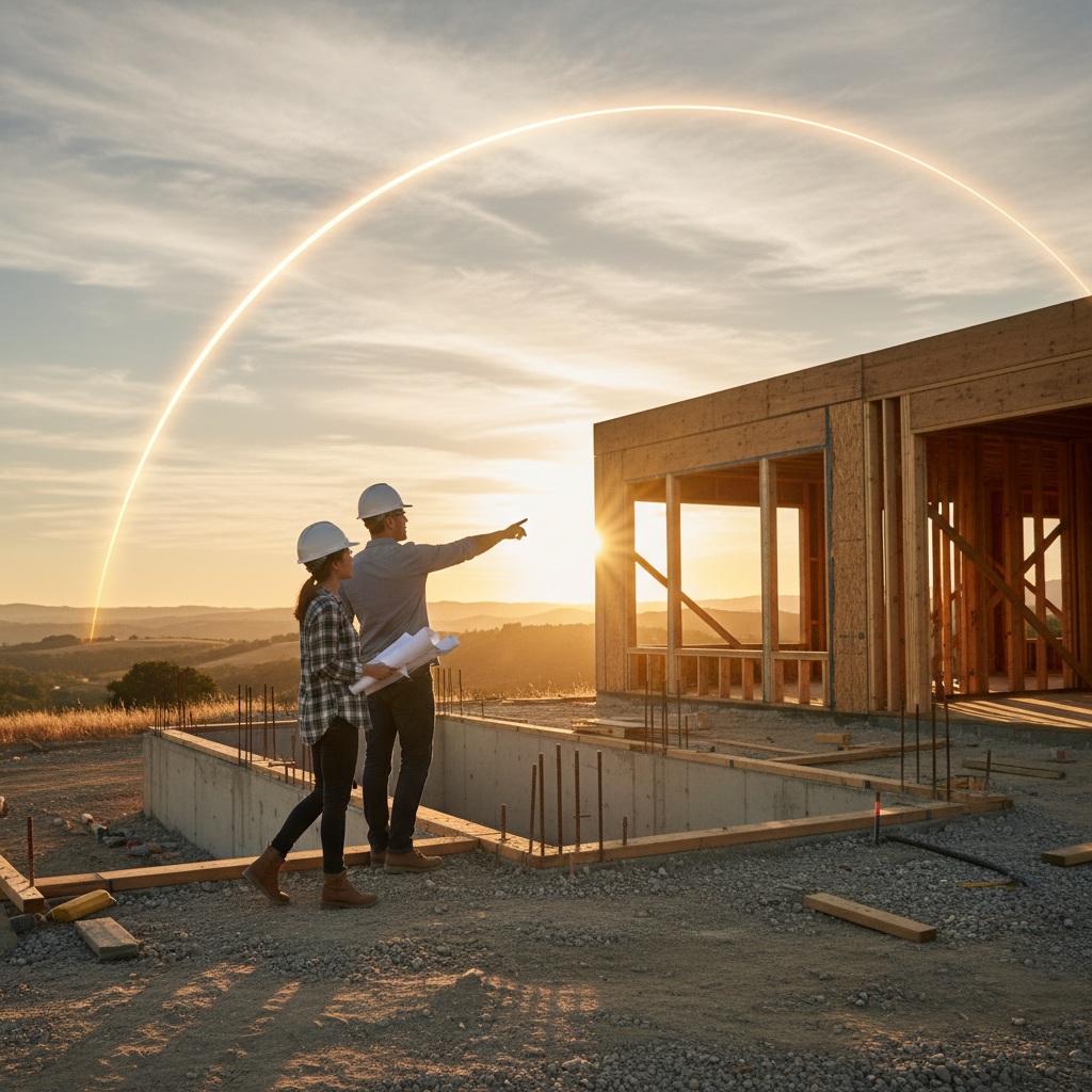 Architect and homeowner at a Brampton new construction site discussing room orientation and sunlight for Vaastu planning