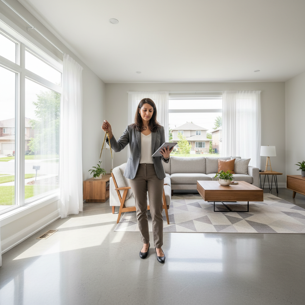 Vaastu consultant reviewing floor plan with compass in a bright Brampton home, explaining when to book a Vaastu consultation