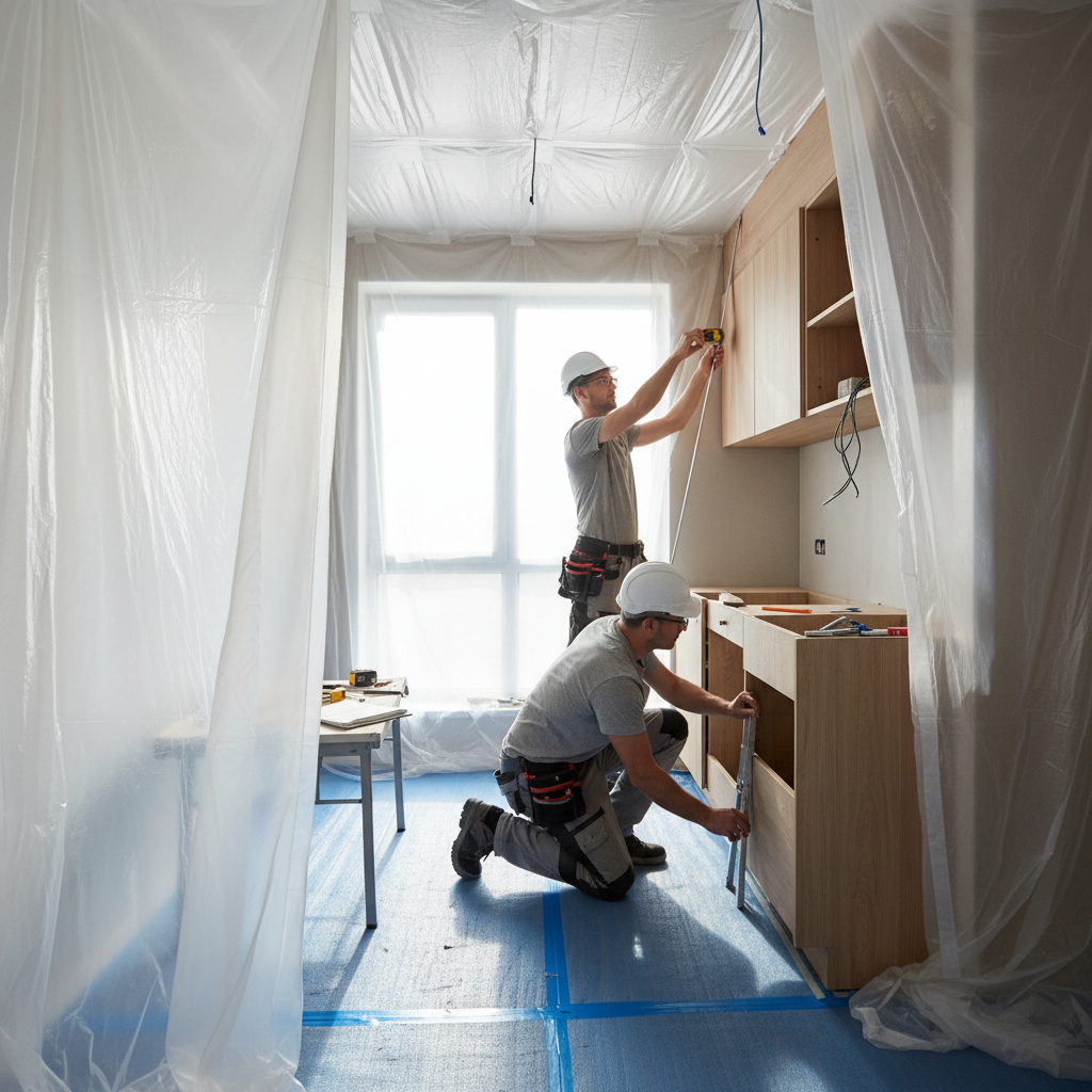 Contractors measuring cabinets during apartment kitchen remodel with floor protection and dust containment for occupied-property safety