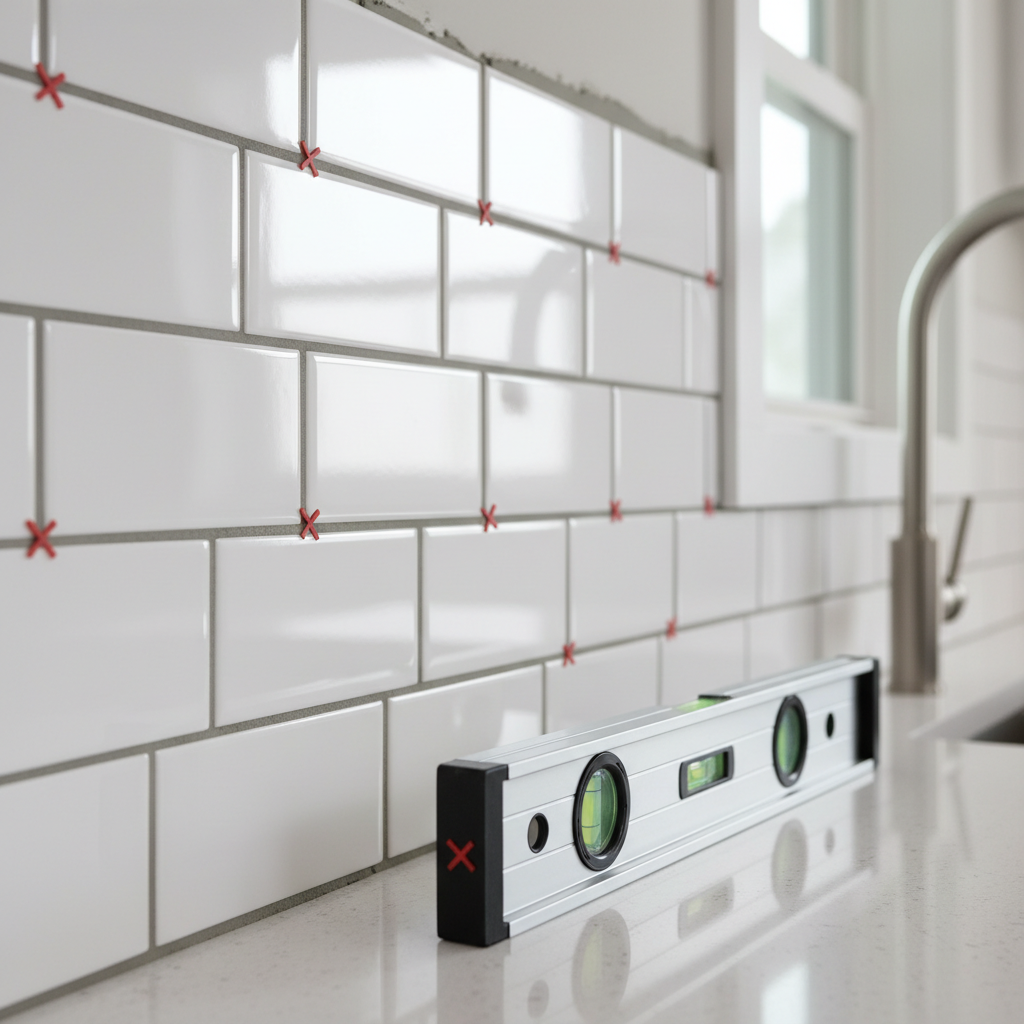 Detail of subway tile backsplash installation for apartment kitchen remodeling with spacers and level, showing craftsmanship and standardized finishes