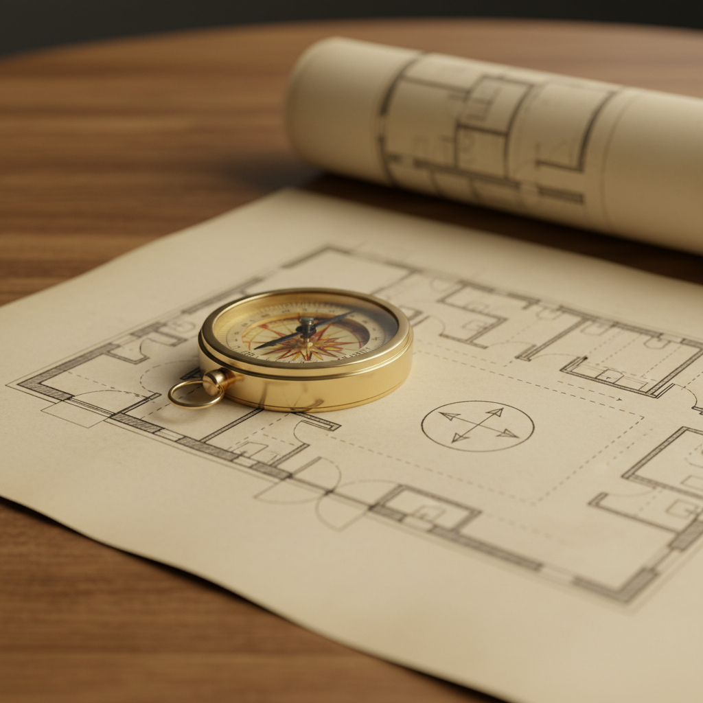 Close-up of Vaastu tools: brass compass placed on a house floor plan to determine correct orientation before booking a Vaastu consultation