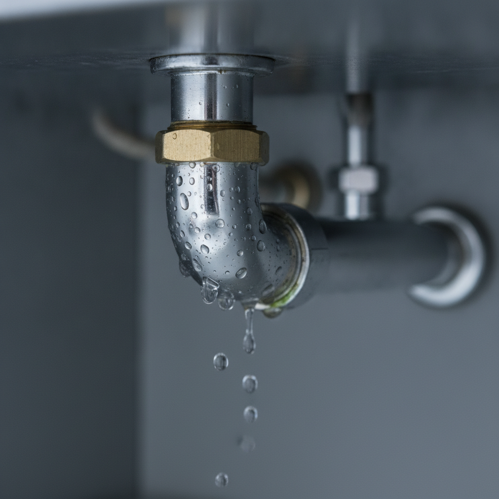Close-up of a leaking condo sink pipe, illustrating water protection needs for Toronto condo insurance