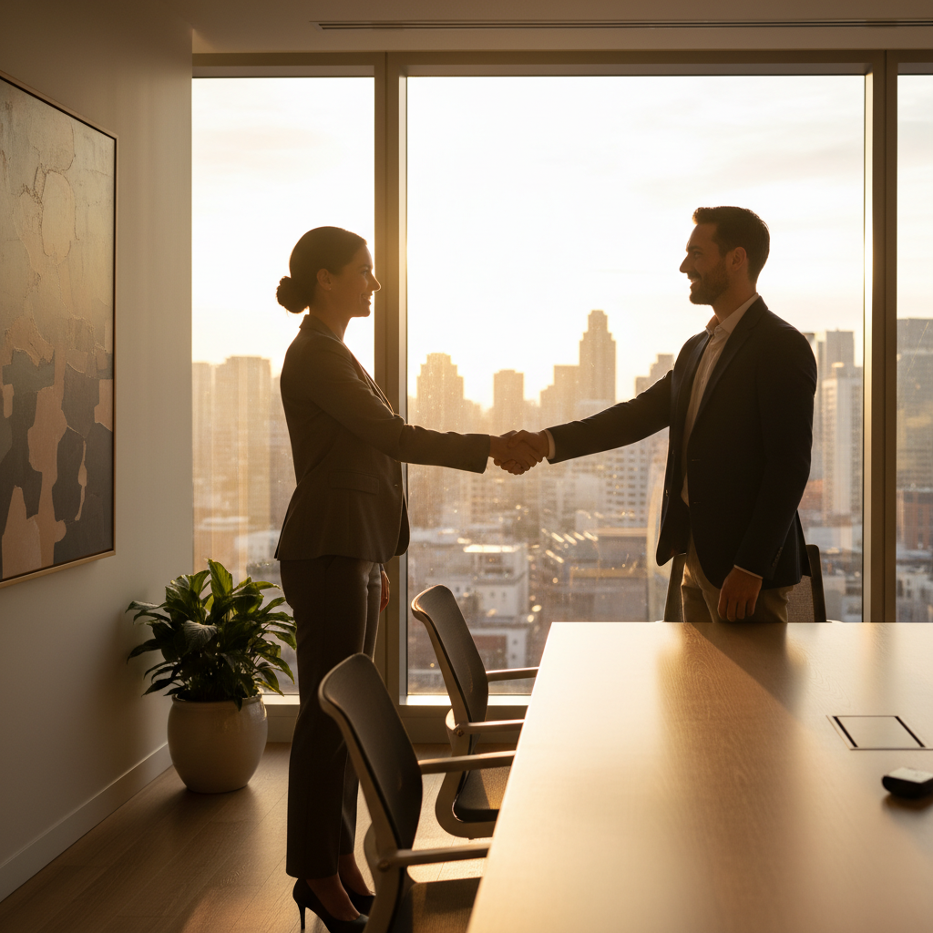 Handshake after an immigration consultation indicating a clear action plan and next steps