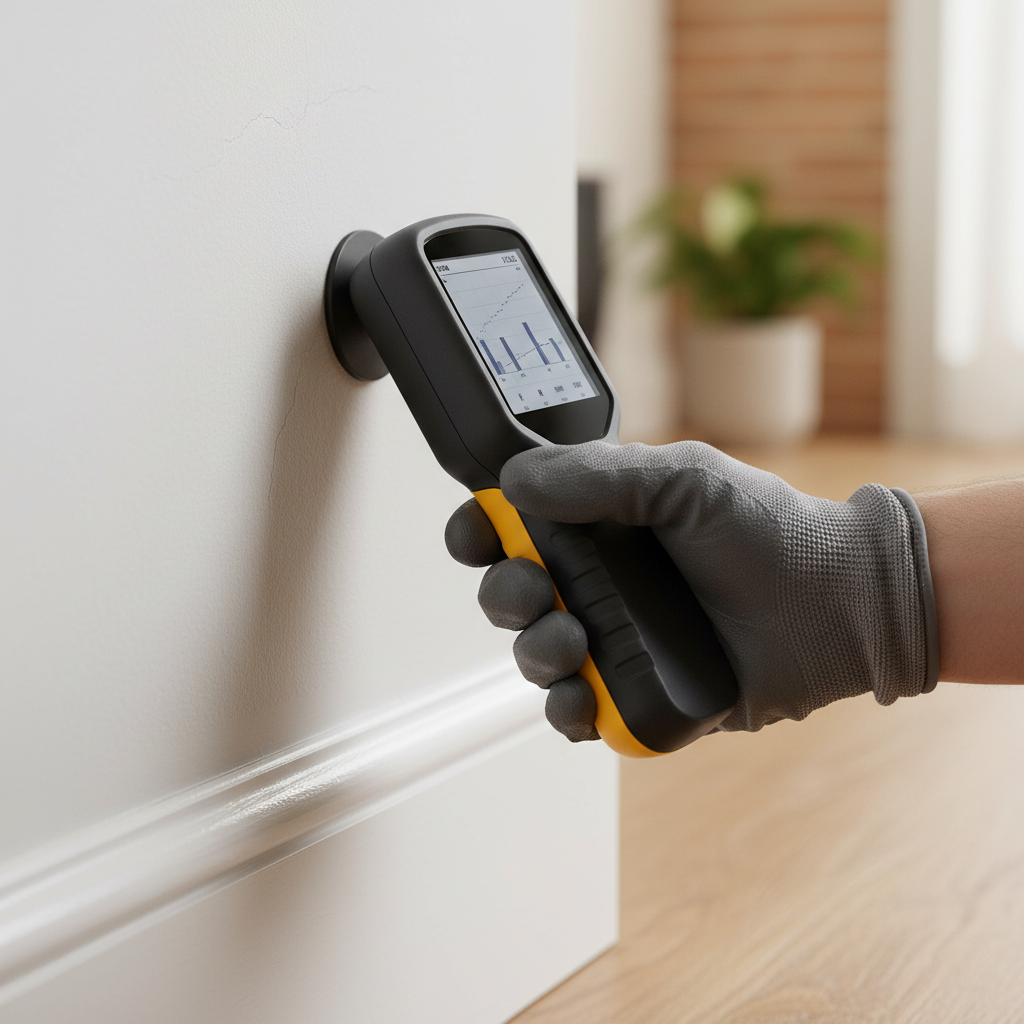 Close-up of a commercial inspector using a pinless moisture meter on interior drywall during a commercial property inspection