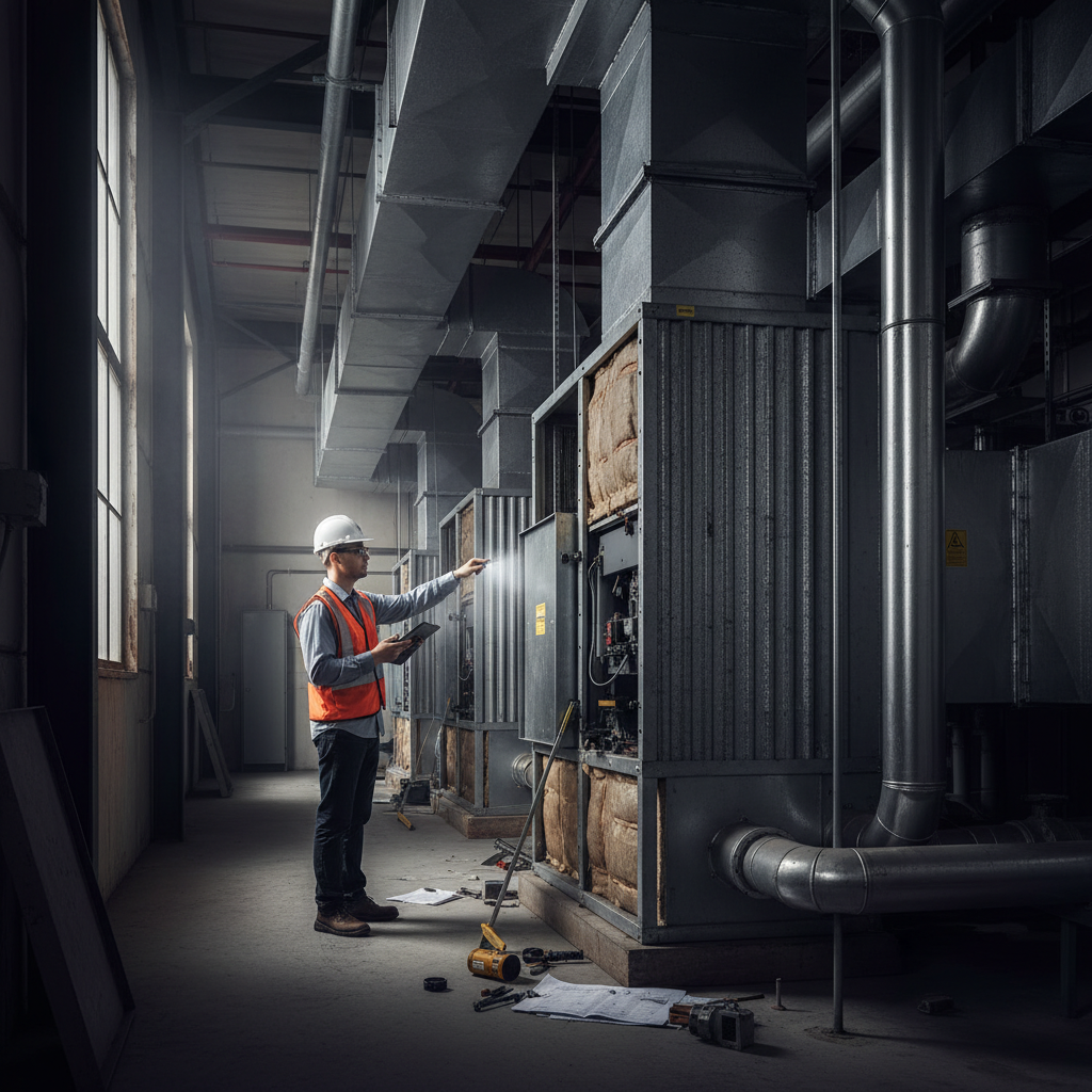 Inspector examining commercial HVAC equipment and ductwork in a mechanical room during a property inspection
