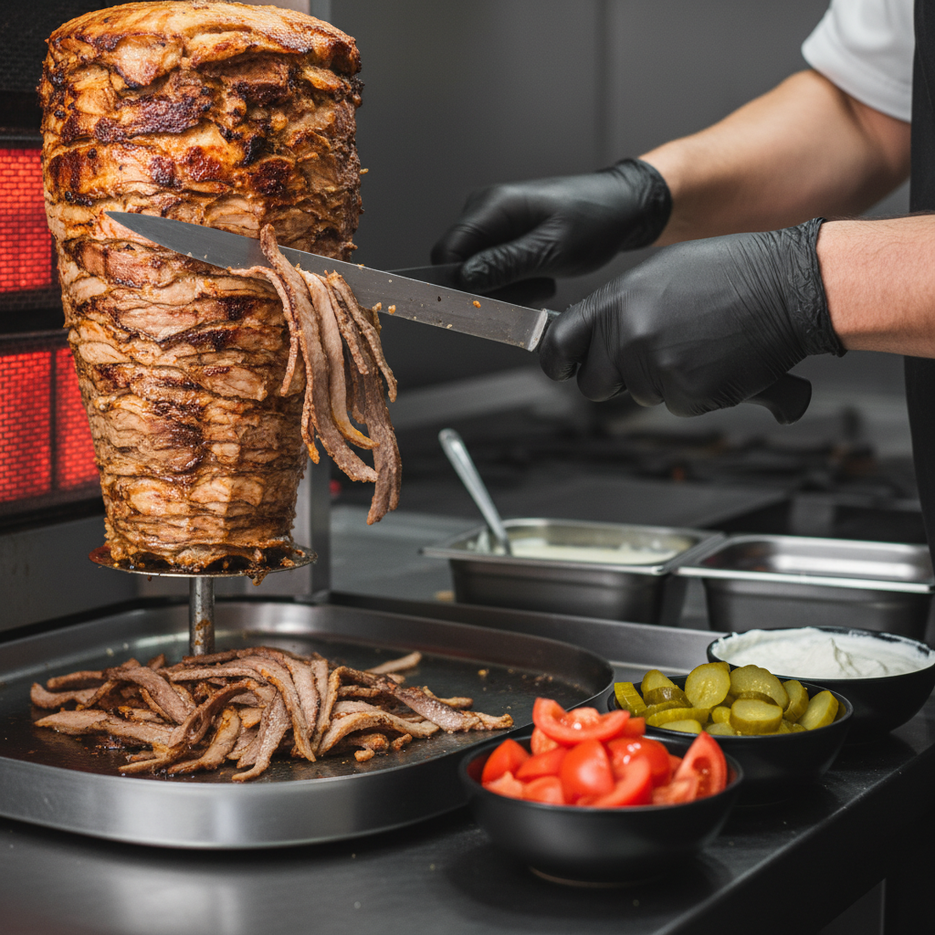 Close-up of chef slicing shawarma from rotisserie for Toronto catering trays, highlighting authentic Turkish flavors and safe service
