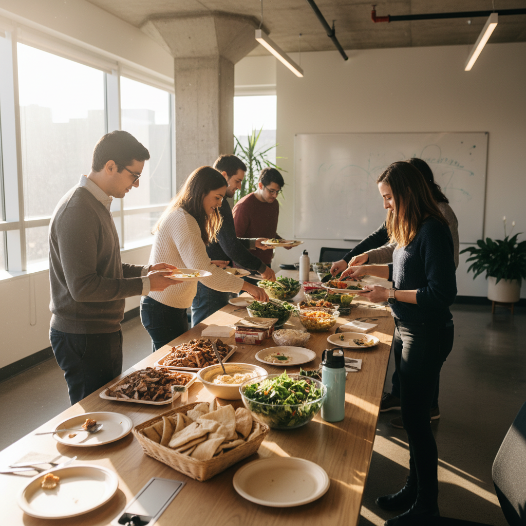 Office team serving themselves from Toronto shawarma catering trays during a meeting, demonstrating easy buffet setup
